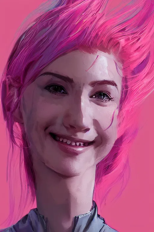 Prompt: a portrait of an attractive female sci fi pilot with pink hair, bangs, playful, grinning, illustration by aleksei vinogradov, trending on artstation