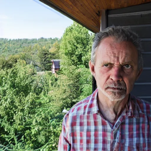 Image similar to a photograph of an ordinary man hanging out on his deck, looking scared to be