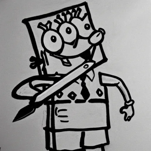 Image similar to sketchy crayon drawing of spongebob squarepants holding a kitchen knife, childish rough sketch, accurate