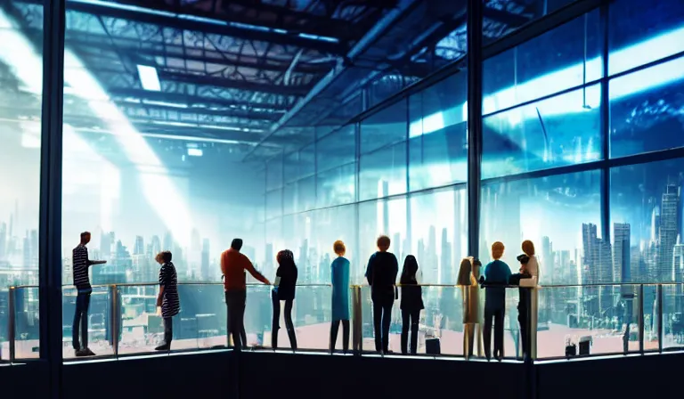 Image similar to group of people in simple windowed warehouse, looking at hologram of futuristic city on a table, cinematic concept art, godrays, golden hour, natural sunlight, 4 k, clear details, tabletop model buildings, center model buildings, hologram center, crane shot, crane shot, crane shot