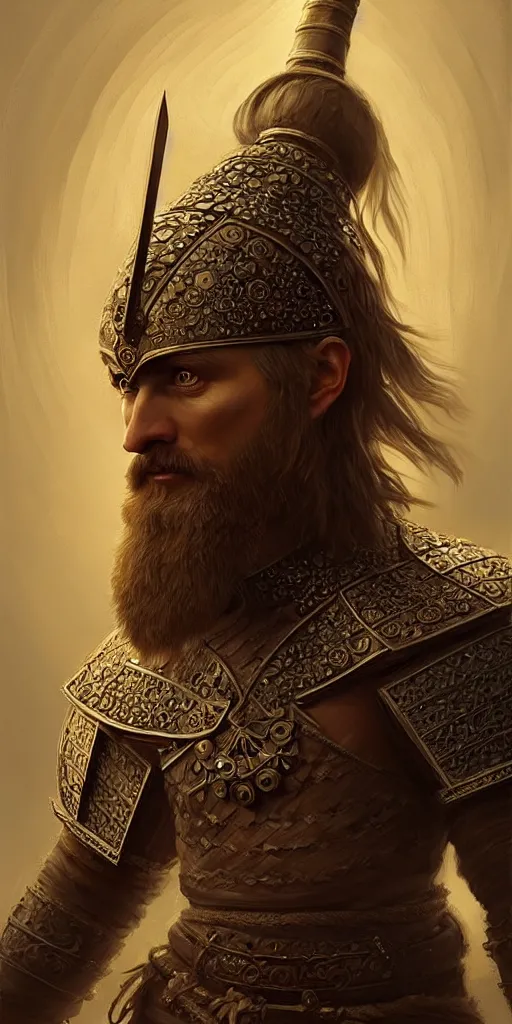 Prompt: ancient Slavic warrior, diffuse lighting, fantasy, intricate, elegant, highly detailed, lifelike, photorealistic, digital painting, artstation, illustration, concept art, smooth, sharp focus, art by Evgeny Epanchintsev and Sergey Samuilov and SunWoo Lee and Alexander Stepanchikov