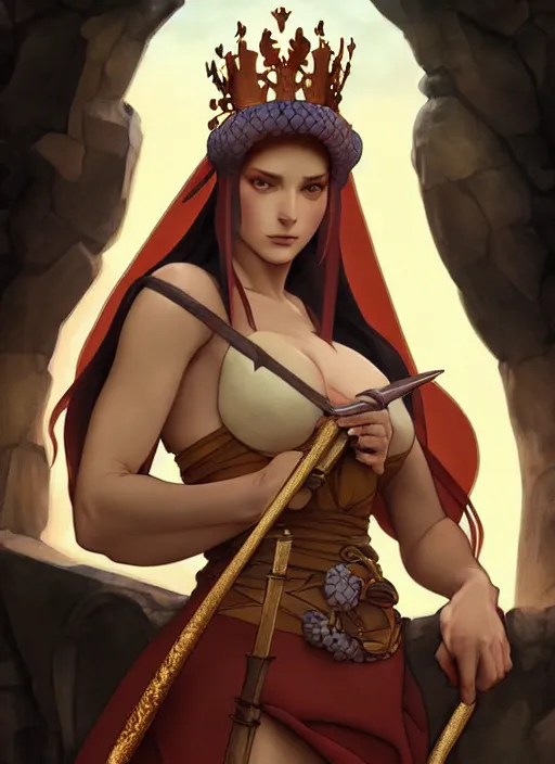 Prompt: femme fatal medieval queen holding a serpant, natural lighting, path traced, highly detailed, high quality, digital painting, by don bluth and ross tran and studio ghibli and alphonse mucha, artgerm