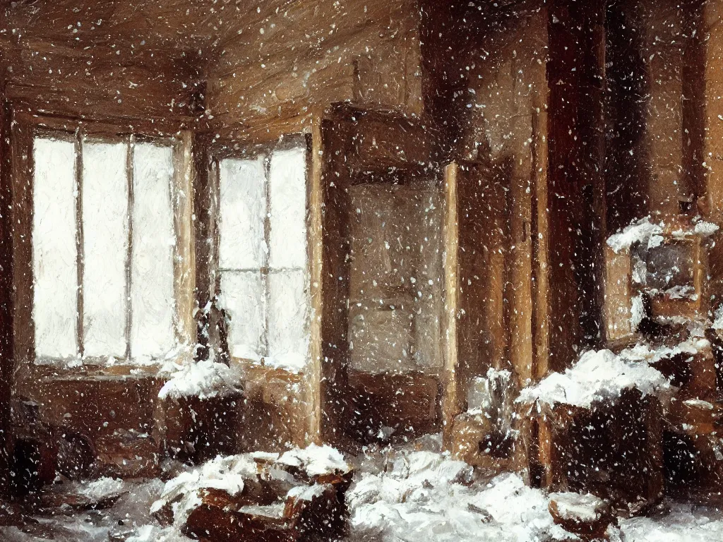 Image similar to It snows in the interior of a bourgeoise room, Still life with snow.