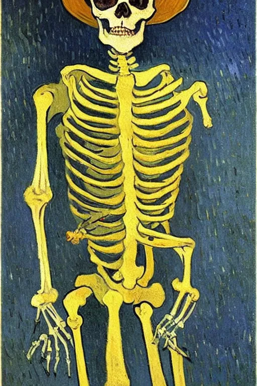 Image similar to 4k detailed painting by Van Gogh of a skeleton sailor (skeleton dressed like 19th century sailor in heavy wool coat, loose tie, shirt, and crooked crumpled hat, smoking cigarette), white and blue skeleton on a yellow background