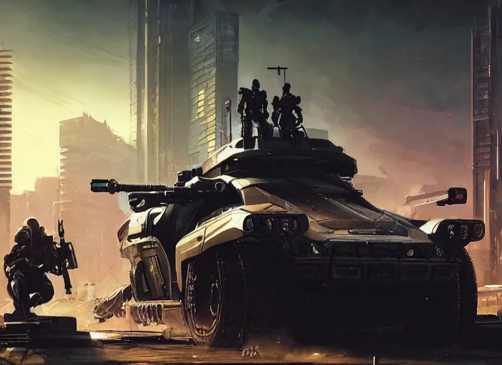 Image similar to A stryker armored vehicle as a Cyberpunk 2077 loading screen, intricate, dystopian, sci-fi, extremely detailed, digital painting, artstation, concept art, smooth, sharp focus, illustration, intimidating lighting, incredible art by artgerm and greg rutkowski and alphonse mucha and simon stalenhag