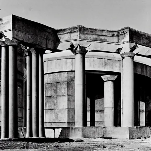 Image similar to a brutalist building with roman style ionized columns and german ww 2 soldiers standing in front