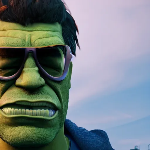 Prompt: hipster hulk smoking a joint, 30mm photography, gta artstyle, wide shot, dramatic lighting, octane render, hyperrealistic, high quality, highly detailed, artstation, HD, beautiful, cinematic, 8k, unreal engine, facial accuracy, symmetrical