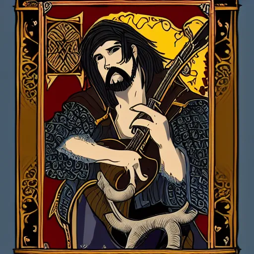 Image similar to 2. 0 tarot card : : ornate, intricate and detailed, rule of thirds, bard, male, face, guitar, music, demon, tiefling, black beard, goat horns, handsome, red skin, medieval fantasy, bow, 8 k render : : style of studio ghibli