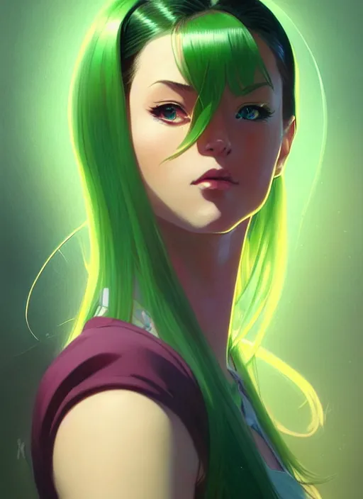 Image similar to a comic portrait of cammy, fine - face, realistic shaded perfect face, fine details. green - ish cosmic setting. very anime style. realistic shaded lighting poster by ilya kuvshinov katsuhiro, magali villeneuve, artgerm, jeremy lipkin and michael garmash, rob rey and kentaro miura style, trending on art station