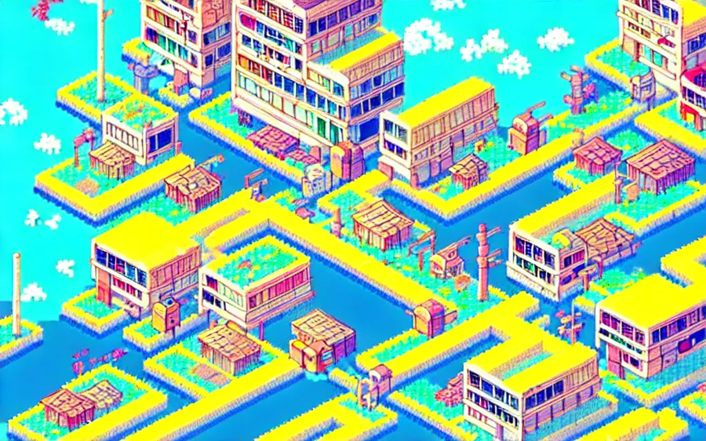 Image similar to a japanese city near the sea, lofi, dreamy, moody, very colorful, anime inspiration, ghibli vibe, pixelart