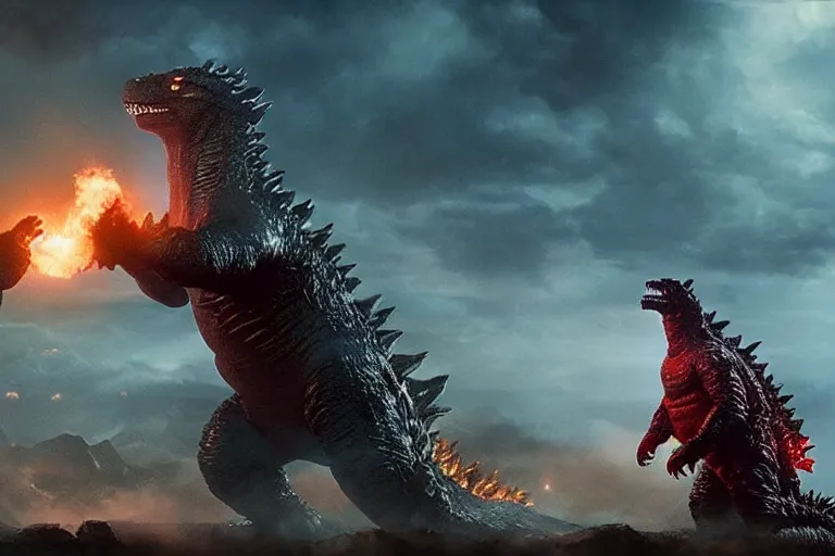 Image similar to two godzillas playing nintendo switch, cinematic, epic lighting, still shot from the new godzilla movie