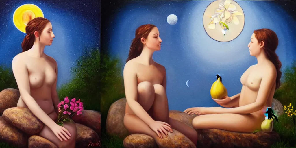 Image similar to very realistic beautiful painting of a goddess holding flowers and levitating a pear, sun on the left moon on the right as she is sitting on a rock at night time, realistic 8K HD