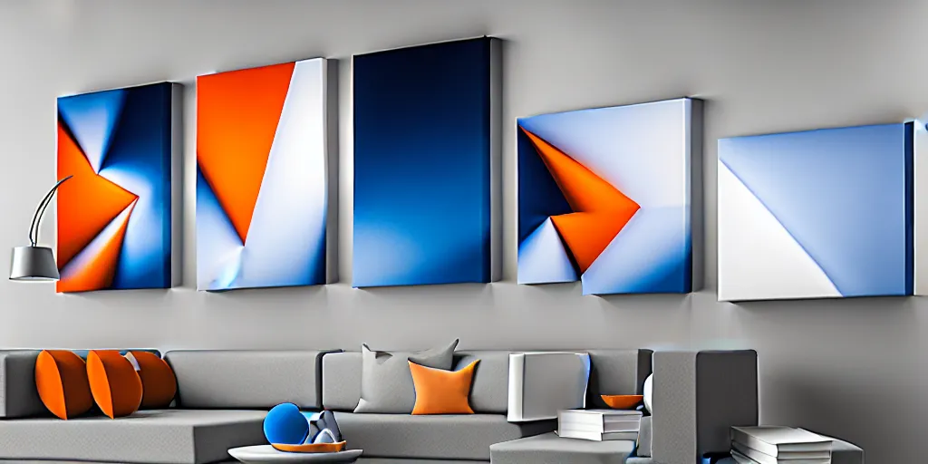 Prompt: triptych canvas hyperrealistic rendering on very beautiful white wall with beautiful contrast of light and shadow, orange to blue gradient luminescence, professional foto, front elevation, optical illusion, close - up, in focus, reflection, cinematic frame