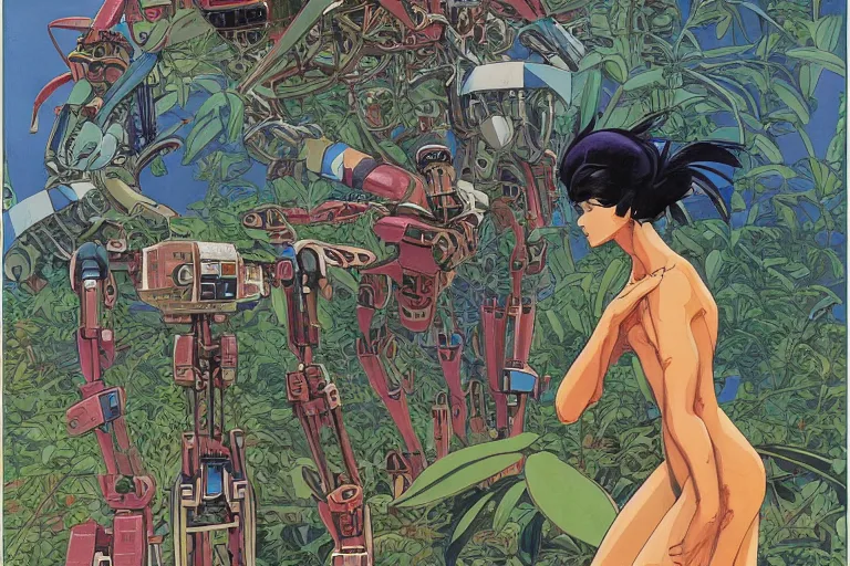 Prompt: most blues, evangelionic illustration, gigantic girl head, a lot of exotic vegetation, trees, tremendous mecha robot, flowers, oldschool vintage sci - fi flat surreal design, super - detailed, 2 d gouache painting by moebius and satoshi kon, hd, 4 k, high quality