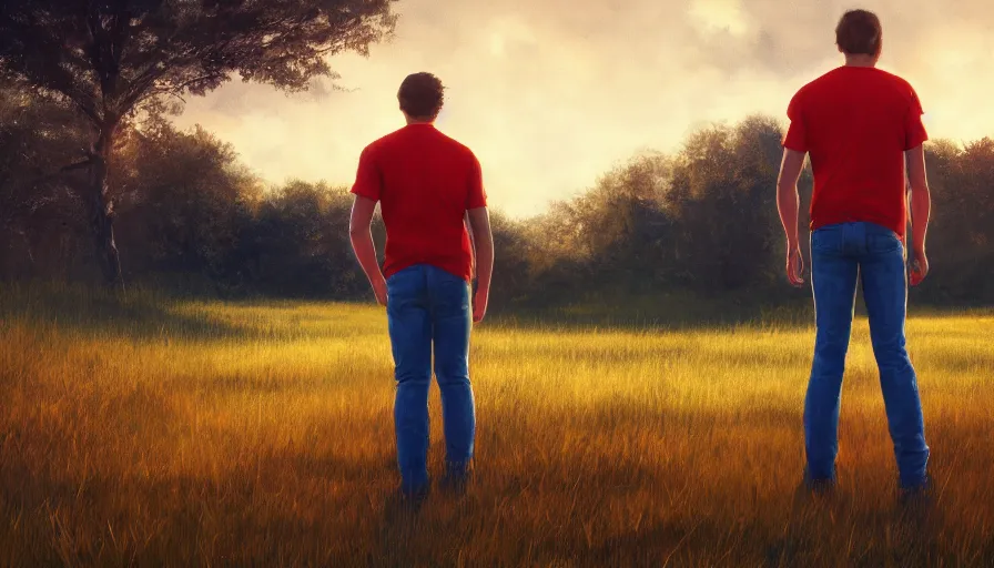 Prompt: back view of a man with red shirt and blue jeans standing in the grass field and looking stars in the sky, wood and farm, hyperdetailed, artstation, cgsociety, 8 k