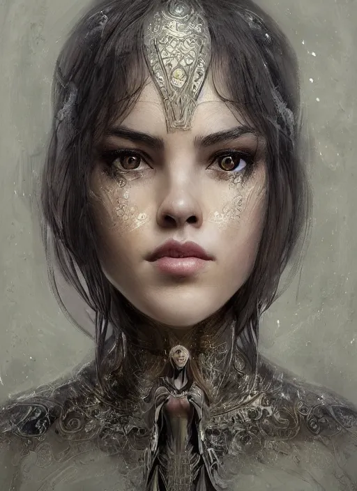 Image similar to a professional portrait of a beautiful young female, clothed in ethereal battle armor, olive skin, long dark hair, beautiful bone structure, symmetrical facial features, intricate, elegant, digital painting, concept art, smooth, sharp focus, finely detailed, illustration, from Valerian and the City of a Thousand Planets, in the style of Ruan Jia and Mandy Jurgens and Artgerm and Greg Rutkowski and William-Adolphe Bouguerea