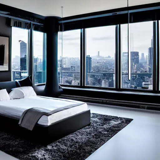 Prompt: a futuristic luxury white bedroom with ceiling high windows looking out to a cyberpunk cityscape