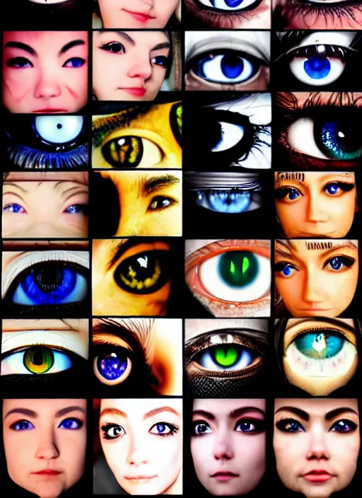 Image similar to grid montage of square shaped eyes, square shaped dilated pupils, square irises, detailed colored textures, eyelashes, advanced art, art styles mix, from wikipedia, wet reflections in eyes, sunshine light, hd macro photograph, from side, various eyelid positions, square black pupil centered