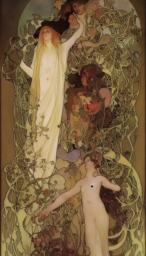 Image similar to life and death mixing together, by alfons maria mucha