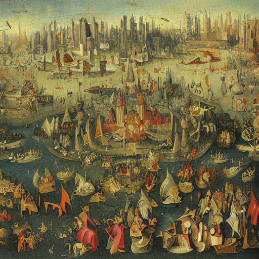 Image similar to a city in chaos painting by heirnonymus Bosch