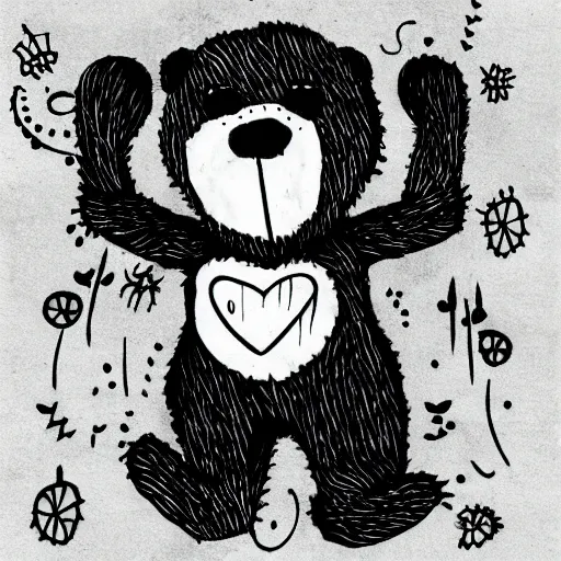 Image similar to Emo teddy bear, black line art, in style of Tim Burton