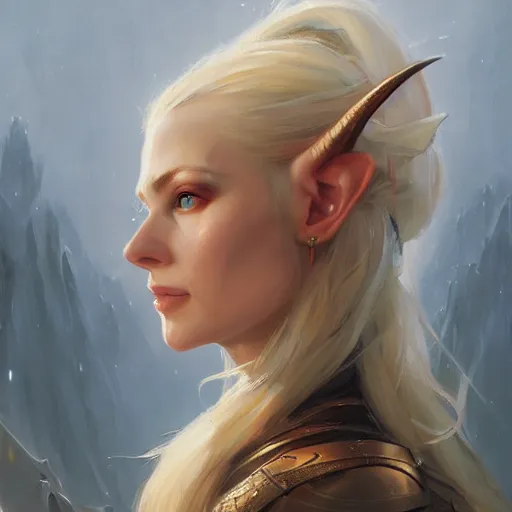 Prompt: A head-on detailed oil fantasy portrait of a pretty elf woman with small horns, long blonde hair and bright irises, by greg rutkowski, trending on artstation, dungeon and dragons art