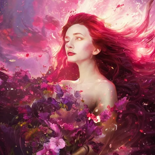 Image similar to scarlet witch in a swirling sundress of flowers, floral explosion, radiant light, vortex of plum petals, oil painting, Tooth Wu, Greg Rutkowski, RPG portrait, dynamic lighting, fantasy art, High contrast, depth of field