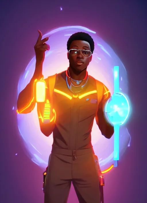 Image similar to handsome african - american engineer stepping through an electric portal, male and full body shot | hyperrealistic digital painting by makoto shinkai, ilya kuvshinov, lois van baarle, rossdraws | afrofuturism in the style of hearthstone and overwatch, trending on artstation | orange highlights and complimentary colors