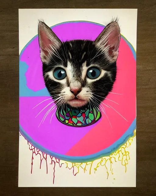 Image similar to symmetrical portrait of a cute kitten, acid psychedelic poster, in the color scheme of Landon Peters,