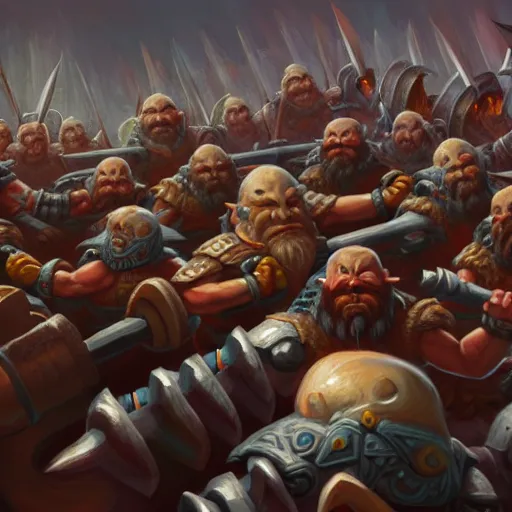 Image similar to painting of a single dwarven berserker facing a crew of crazy goblin warriors in deadly combat on a gladiator pit, sharp focus, high symmetry, award - winning, trending on artstation, masterpiece, highly detailed, intricate. art by eric deschamps