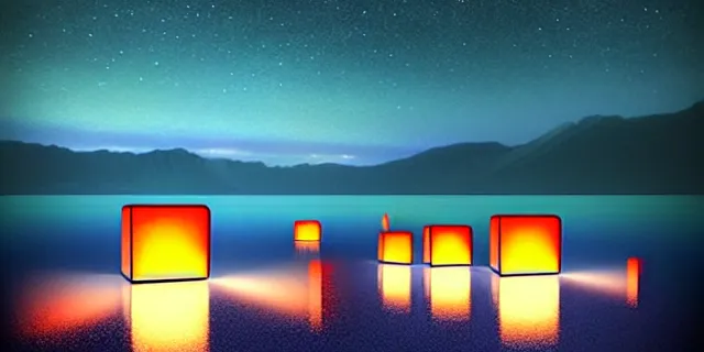 Prompt: beautiful glowing cubes in the middle of lake baikal, atmospheric lighting, intricate, volumetric lighting, beautiful, sharp focus, ultra detailed, in the art style of bowater, charlie, brom, gerald, astrophotography