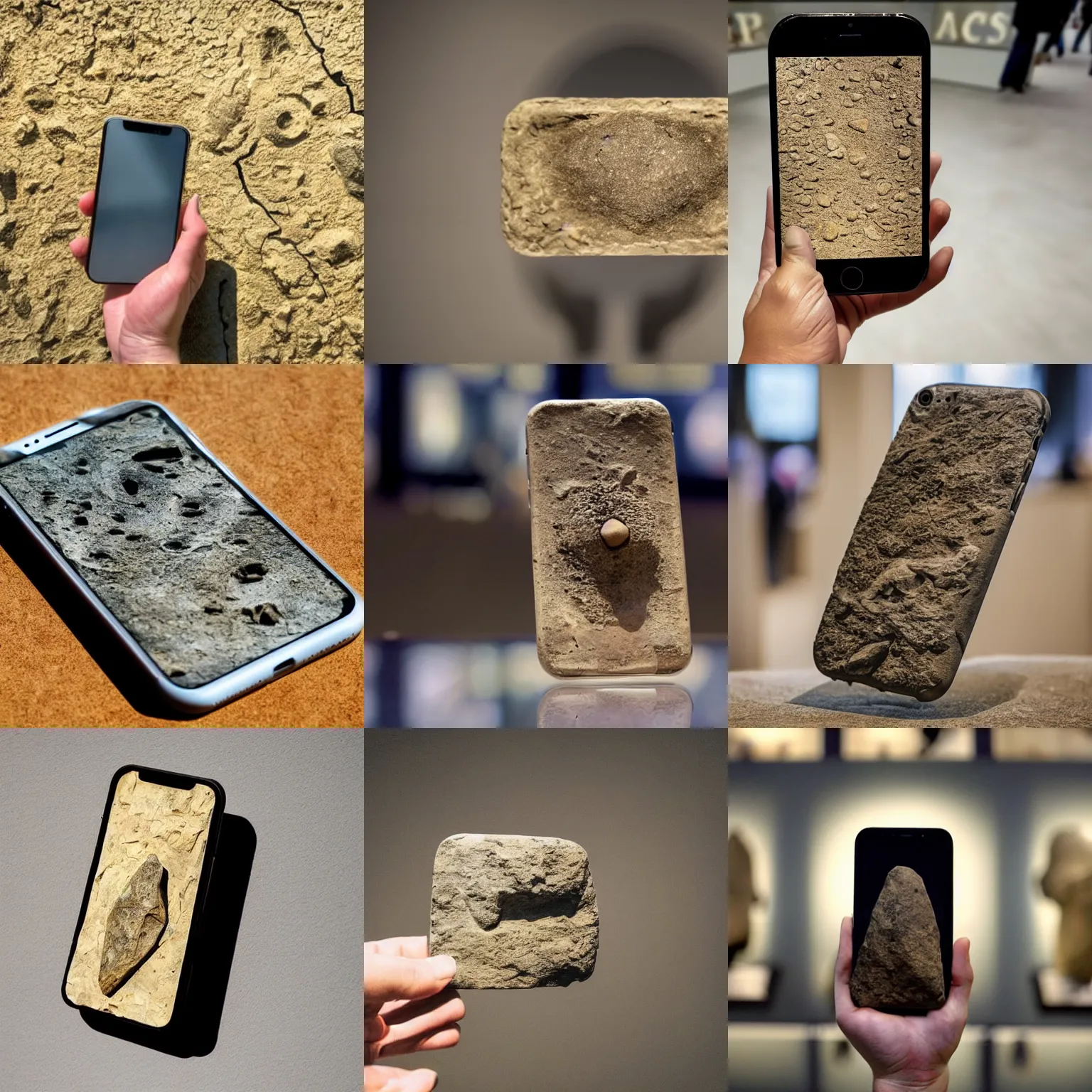 Prompt: fossil of a stone iphone from the year 1 5 0 0 bc placed in a natural history museum, dusty, direct sunlight, detailed, placed in a museum, 4 k, real, archeological find, shot from afar, people looking at the exhibit through glass