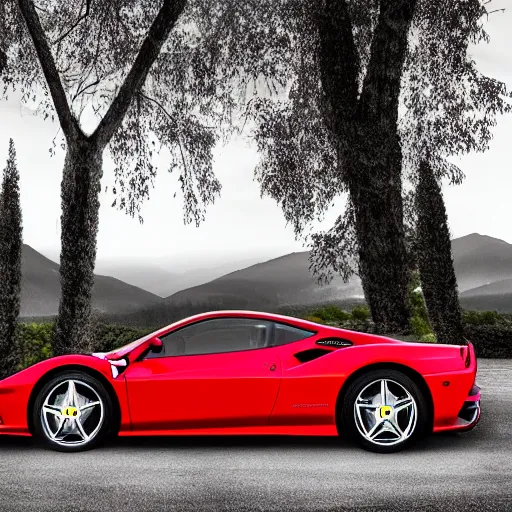 Prompt: a beautiful ferrari park next to a tree it's a sunny day with no cloud in the sky and there is one road next to the car the background is a view of mountains professional photograph