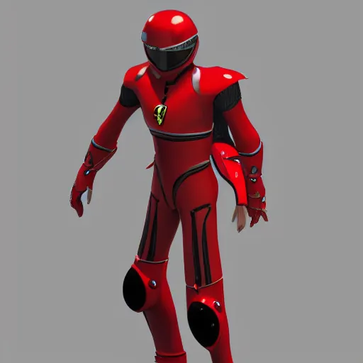 Image similar to Tokusatsu character based on Ferrari, red mechanical skinny body, chest plate with Ferrari logo, stylized motorcycle helmet, full body, unreal engine, 3D model