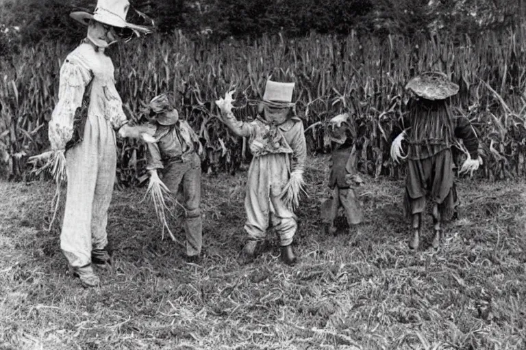 Image similar to disturbing scarecrow from the early 1 9 0 0's leading children into the cornfields