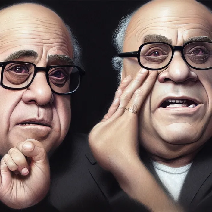 Prompt: danny devito and a blond man, elegant, real life skin, intricate artwork, high detailed, artstation, concept art, smooth, sharp focus, art by artgerm and greg rutkowski