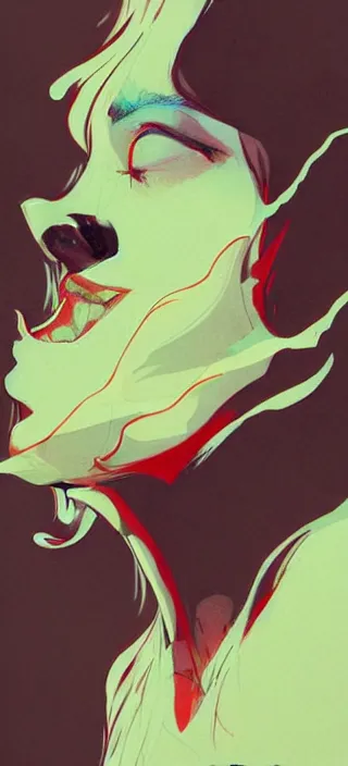 Prompt: lots of swirling, dreamy, thick smoke exhaled from a young woman's open mouth, by conrad roset, dramatic digital art, trending on artstation