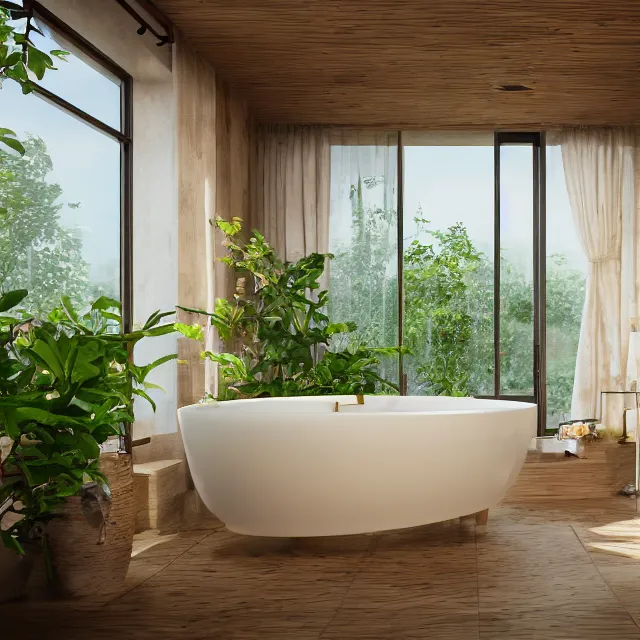 Prompt: post and beam bathroom interior, bathtub with golden faucet, wood cabinets, marble, large window in back with forest view, large potted plant, realistic, unreal engine render, octane render, hyper realistic, photo, 8 k