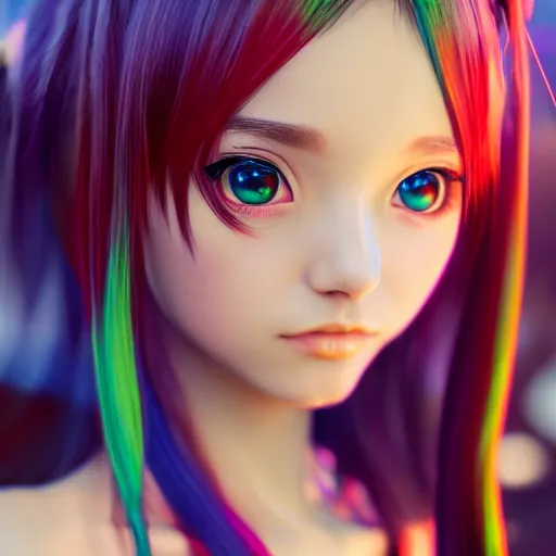 Prompt: render as a very beautiful 3d anime girl, hot petite, long braided blue orange red green violet hair, hazel eyes, full round face, short smile, cinematic lightning, medium shot, mid-shot, highly detailed, trending on Artstation, Unreal Engine 4k, cinematic wallpaper