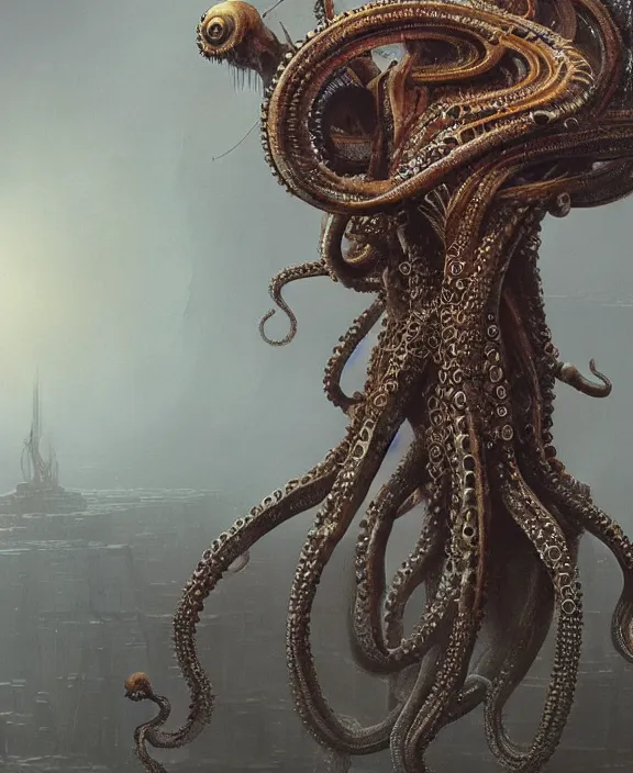 Prompt: the great cosmic eldritch octopus of machines, by hr giger and beksinski and stephan martiniere, 4 k resolution, detailed, 3 d render, unreal engine, octane render, trending on artstation