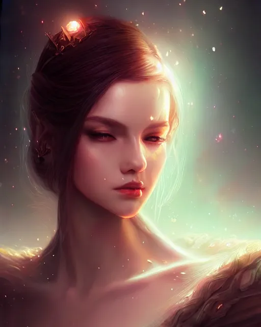 Image similar to Dark fantasy princess portrait, elegant detailed digital art, artstation, by artgerm and WLOP, cosmic halo of light, radiant glow