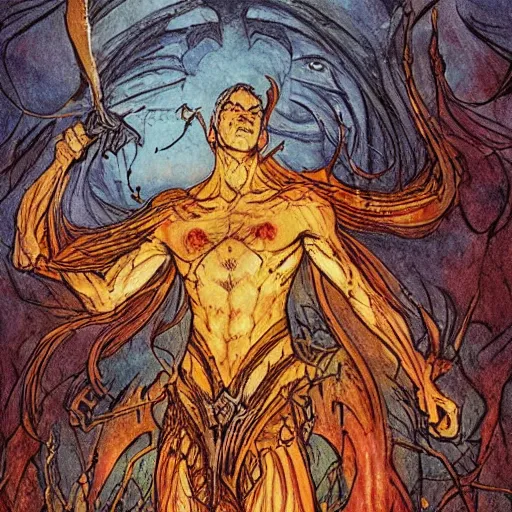 Image similar to magic the gathering koth bringer of fire - art by rebecca guay