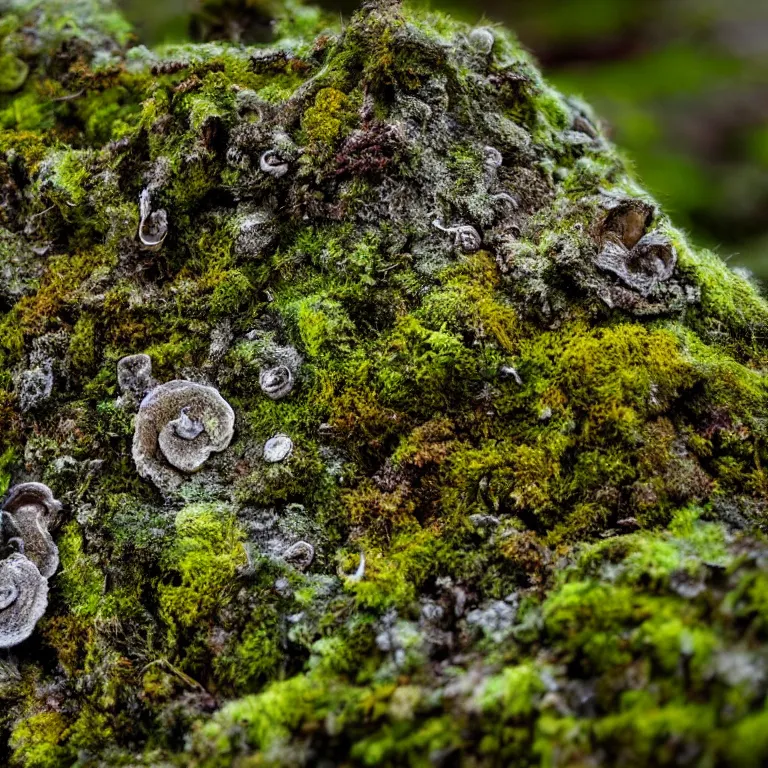 Image similar to a lichens and moss close-up various fungus, mushrooms and plants, inside the picture is infinity, Atmospheric phenomenon, artistic photography, muted colors, conceptual, long exposure outside the city, volumetric light