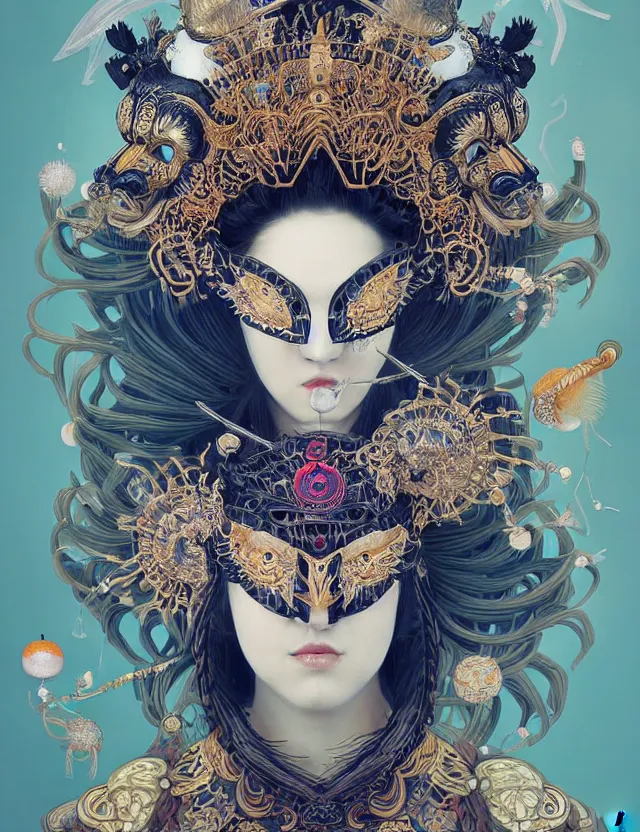 Image similar to goddess portrait with mask and crown made of ram skull. beautiful intricately detailed japanese crow kitsune mask and clasical japanese kimono. betta fish, jellyfish phoenix, bioluminescent, plasma, ice, water, wind, creature, super intricate ornaments artwork by tooth wu and wlop and beeple and greg rutkowski