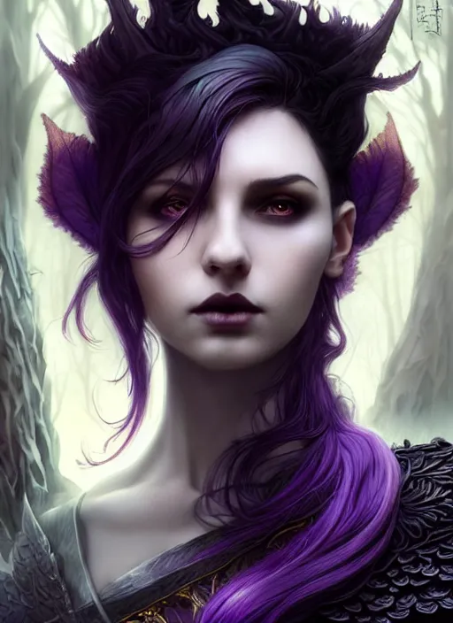 Image similar to award winning book cover, side portrait dark witch, adventurer outfit large cloak, fantasy forest landscape, dragon scales, fantasy magic, undercut hairstyle, short purple black fade hair, dark light night, intricate, elegant, sharp focus, illustration, highly detailed, digital painting, concept art, matte, art by WLOP and Artgerm and Greg Rutkowski and Alphonse Mucha, masterpiece
