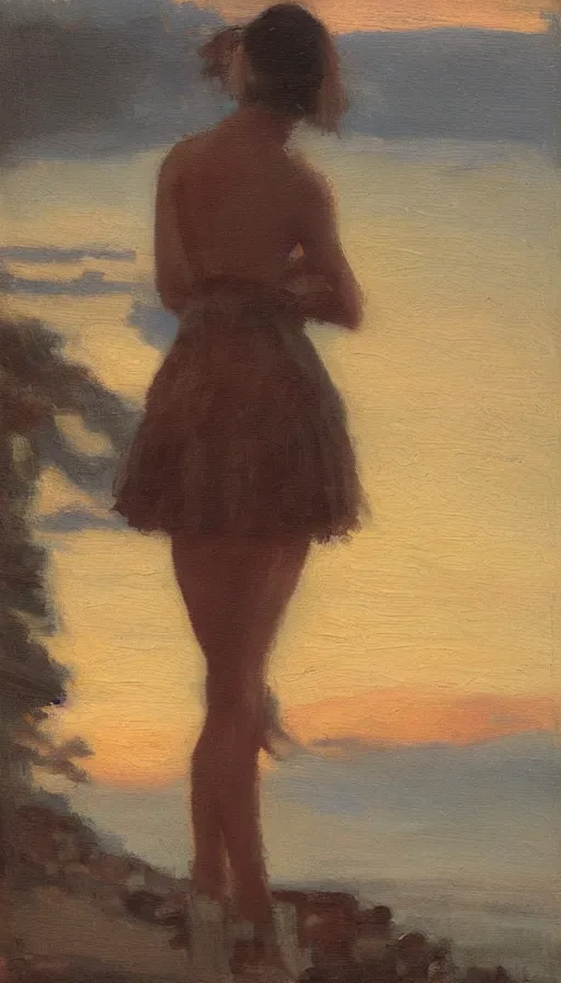 Prompt: Chalet Miniskirt. history painting, dusk, sunset lit mini, artstation, oil on canvas, by Albert Aublet, Private Collection
