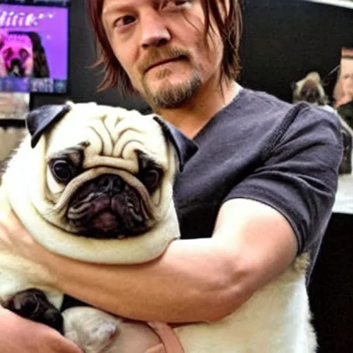 Image similar to Norman Reedus holding an obese pug, photo