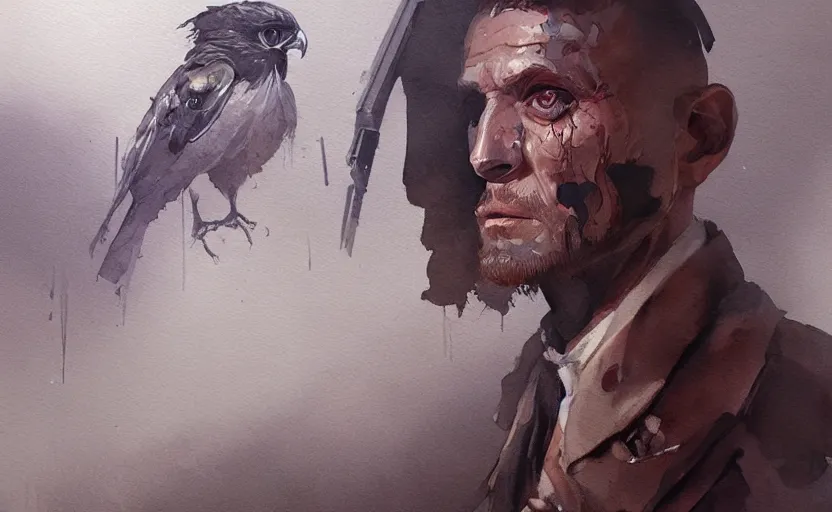 Image similar to a painting of gunny poe trending on artstation in the style of greg rutkowski, 3 d, watercolor, beautiful, hawk, young, portrait