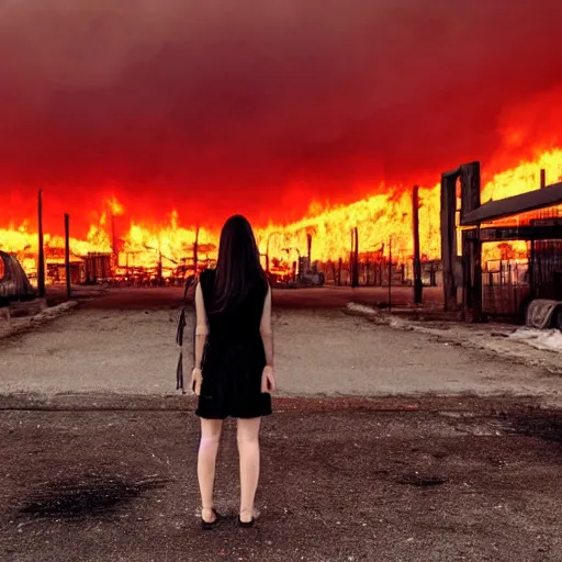 Image similar to rebel woman standing in front of a post apocalyptic city with burning red sky