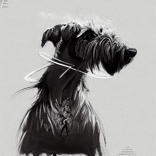 Image similar to portrait of stoic looking miniature schnauzer, military uniform, black fir, white eyebrows, fantasy, intricate, elegant, highly detailed, centered, dark, smokey, charcoal painting, digital painting, artstation, concept art, smooth, sharp focus, illustration, art by greg rutkowski